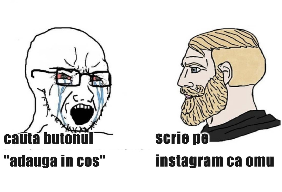 Meme virgin vs chad: unul caută butonul „adaugă în coș”, celălalt scrie direct pe Instagram